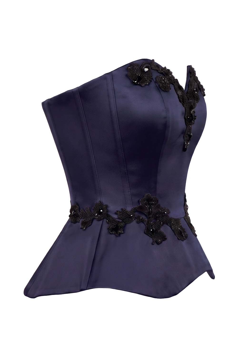 ODETTE Beaded Peplum Overbust Corset in Navy by Luxe Noir – side view
