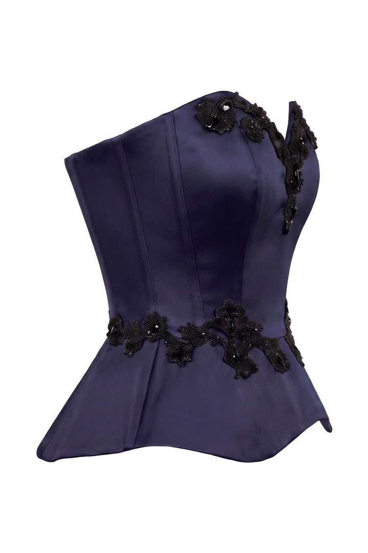 ODETTE Beaded Peplum Overbust Corset in Navy by Luxe Noir – side view