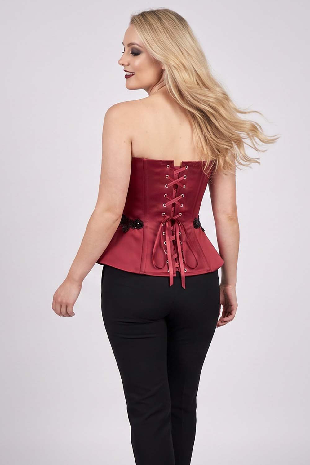 ODETTE Beaded Peplum Overbust Corset in Crimson on model – back view