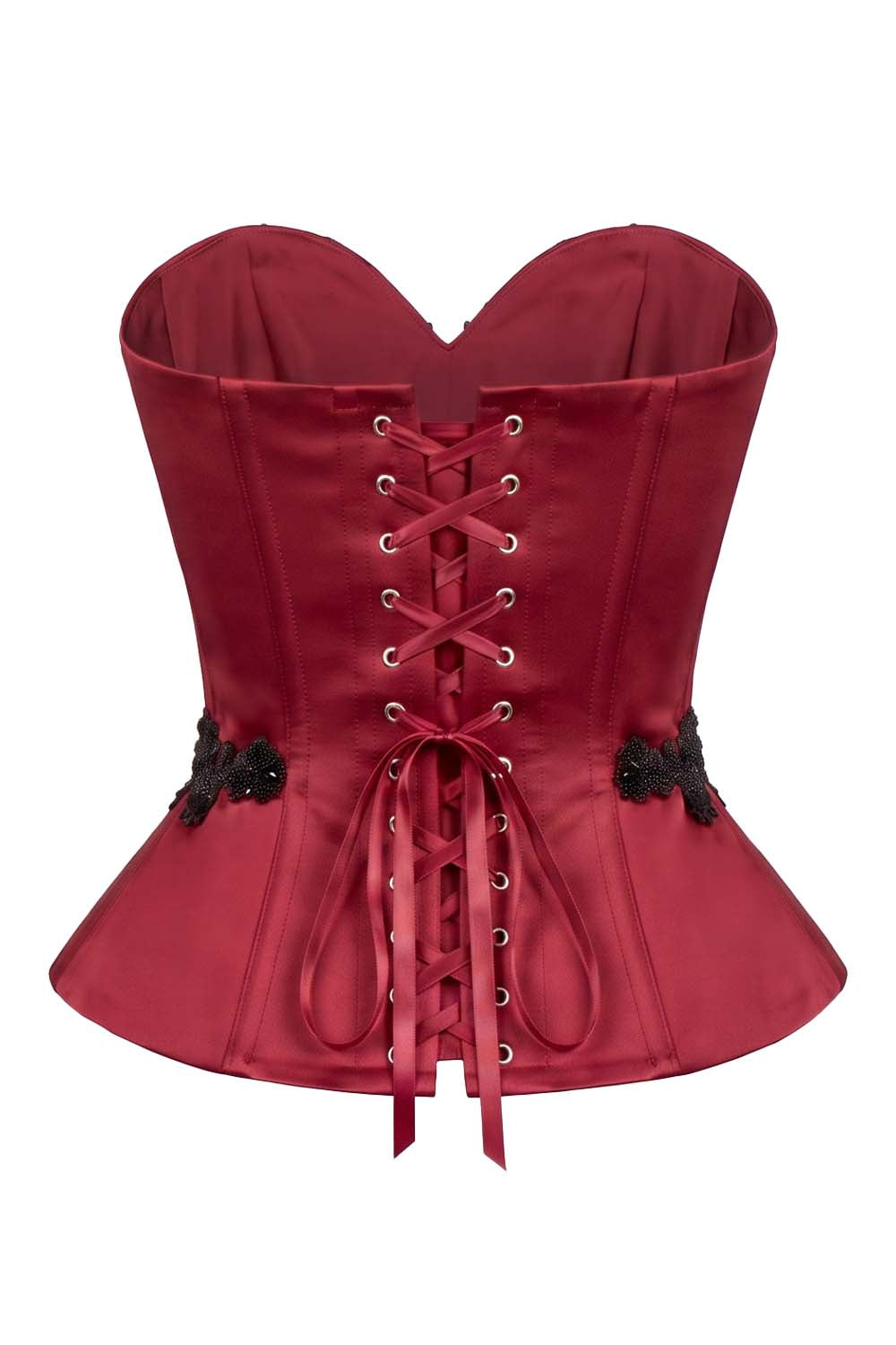 ODETTE Beaded Peplum Overbust Corset in Crimson by Luxe Noir – back view