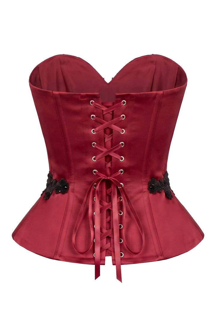 ODETTE Beaded Peplum Overbust Corset in Crimson by Luxe Noir – back view