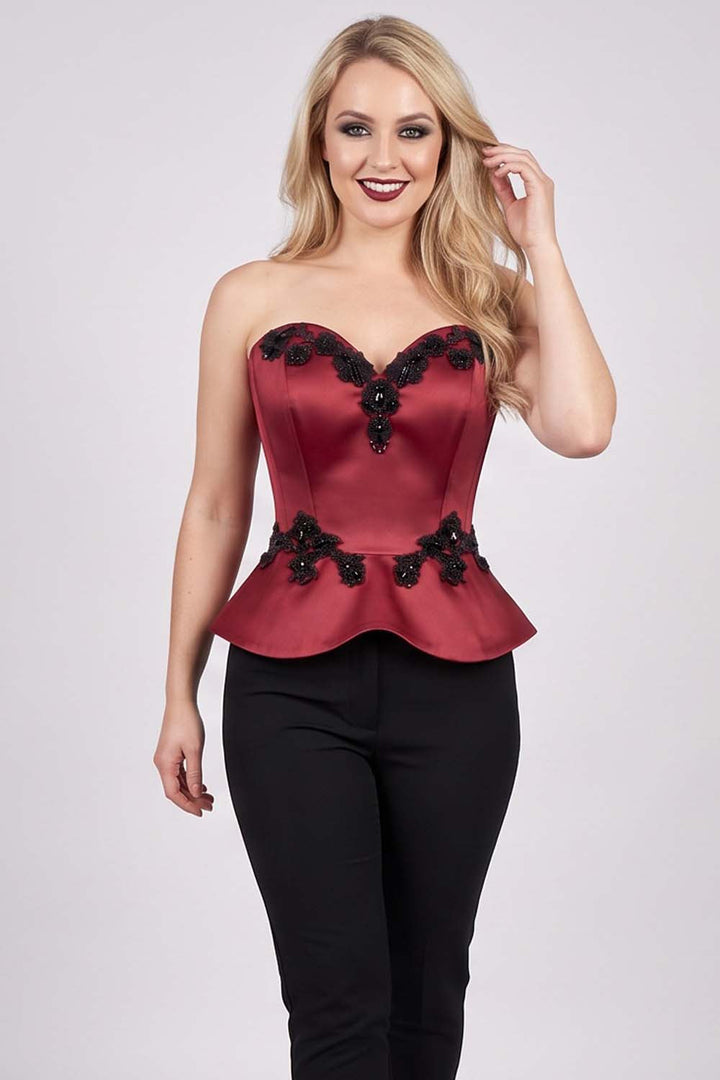 ODETTE Beaded Peplum Overbust Corset in Crimson on model – front view