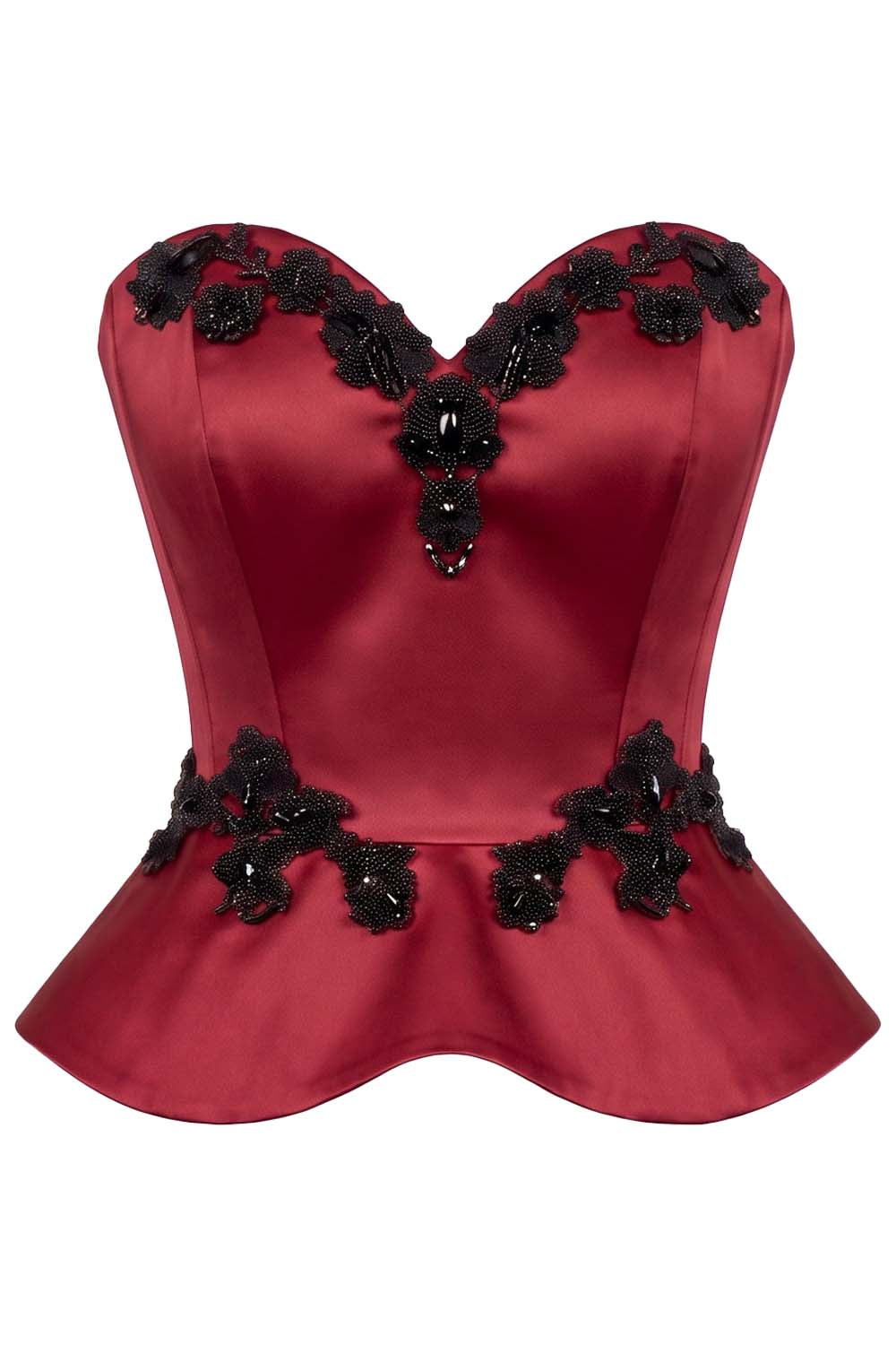 ODETTE Beaded Peplum Overbust Corset in Crimson by Luxe Noir – front view