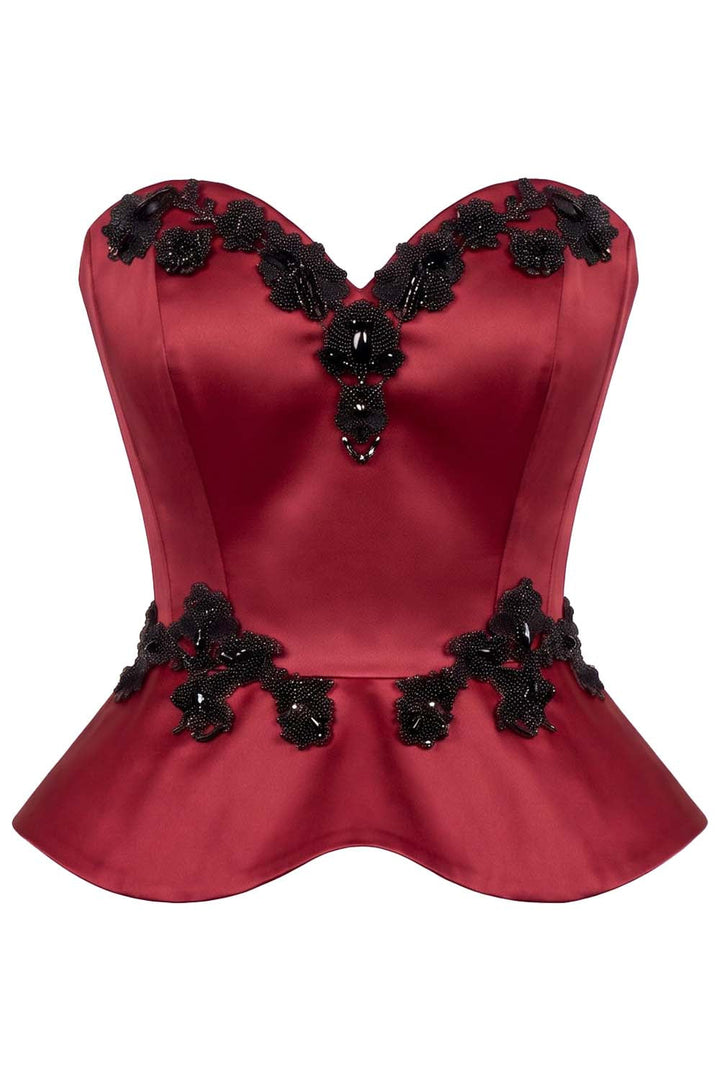 ODETTE Beaded Peplum Overbust Corset in Crimson by Luxe Noir – front view
