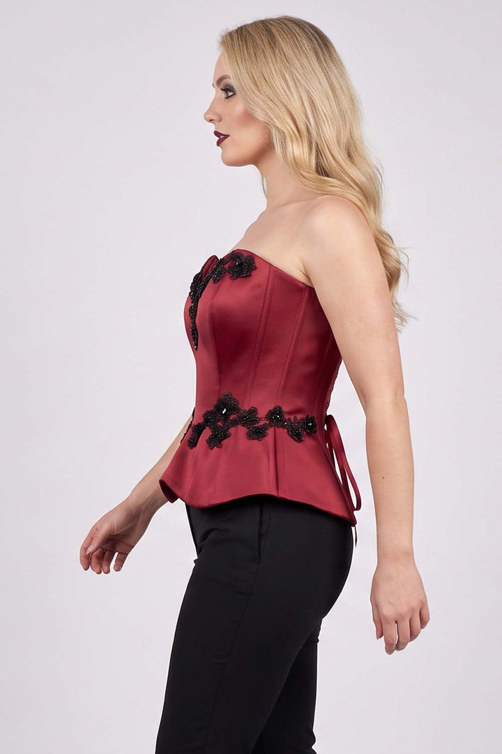 ODETTE Beaded Peplum Overbust Corset in Crimson on model – side view