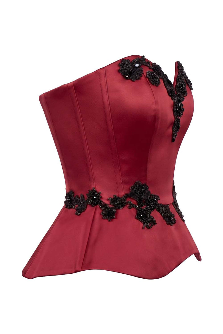 ODETTE Beaded Peplum Overbust Corset in Crimson by Luxe Noir – side view