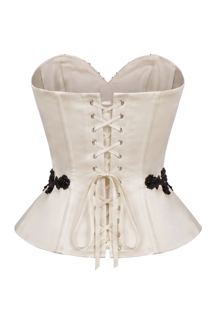 ODETTE Beaded Peplum Overbust Corset in Ivory by Luxe Noir – back view