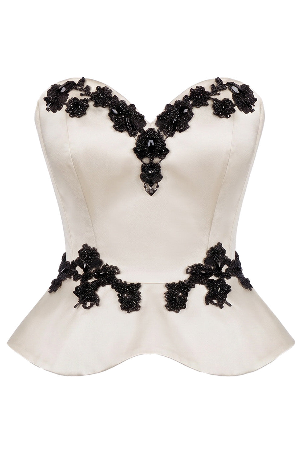 ODETTE Beaded Peplum Overbust Corset in Ivory by Luxe Noir – front view
