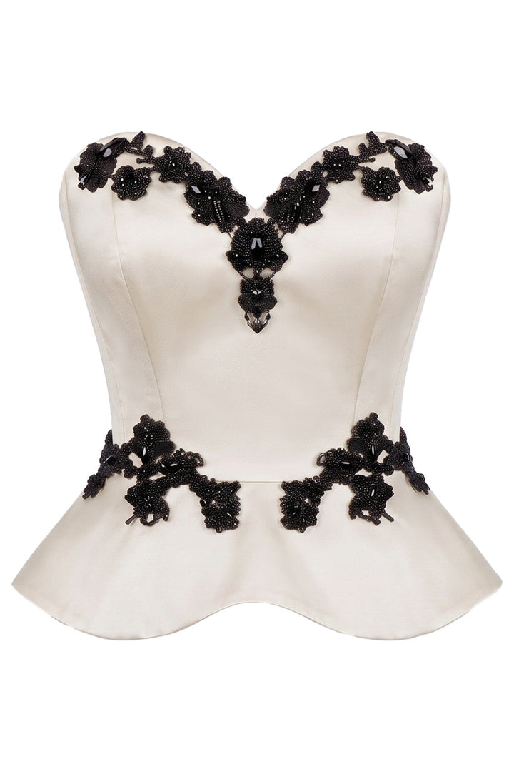 ODETTE Beaded Peplum Overbust Corset in Ivory by Luxe Noir – front view