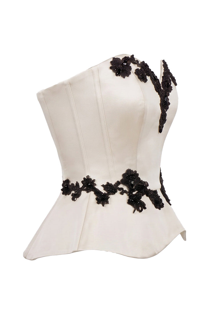 ODETTE Beaded Peplum Overbust Corset in Ivory by Luxe Noir – side view