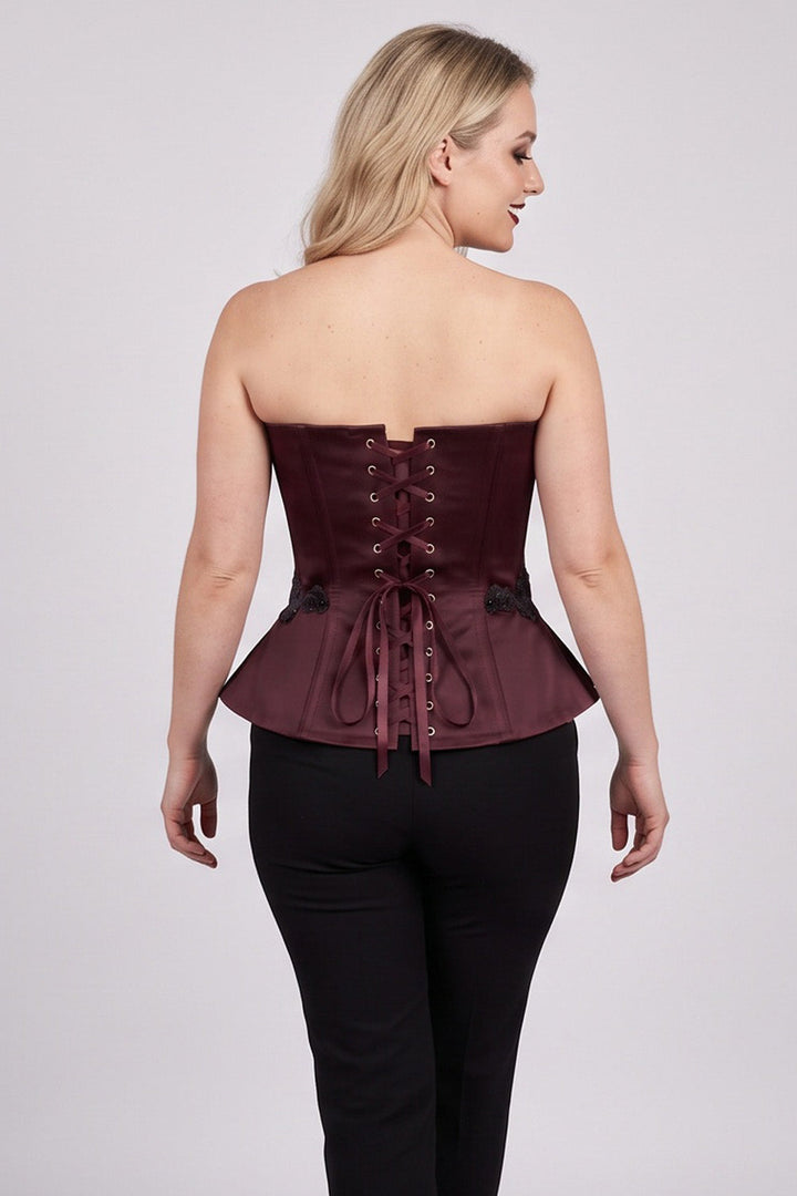 ODETTE Beaded Peplum Overbust Corset in Maroon on model – back view