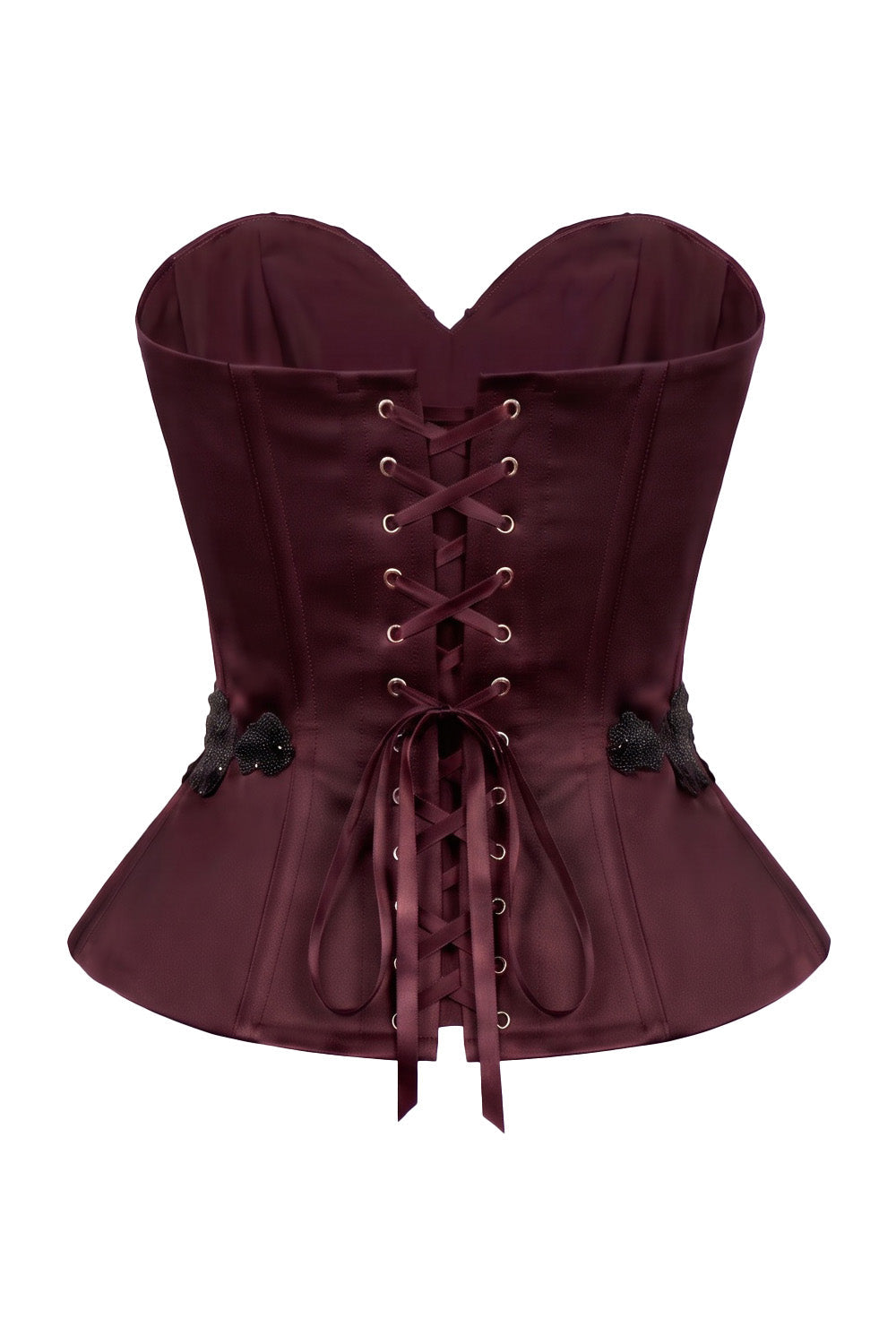 ODETTE Beaded Peplum Overbust Corset in Maroon by Luxe Noir – back view
