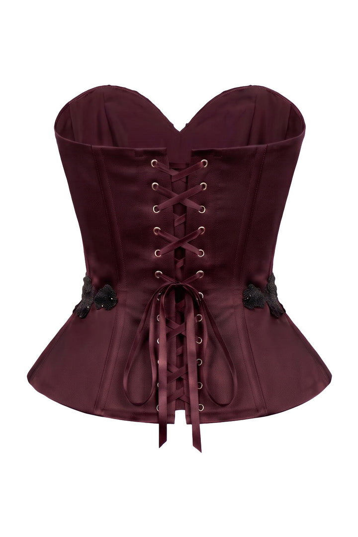 ODETTE Beaded Peplum Overbust Corset in Maroon by Luxe Noir – back view