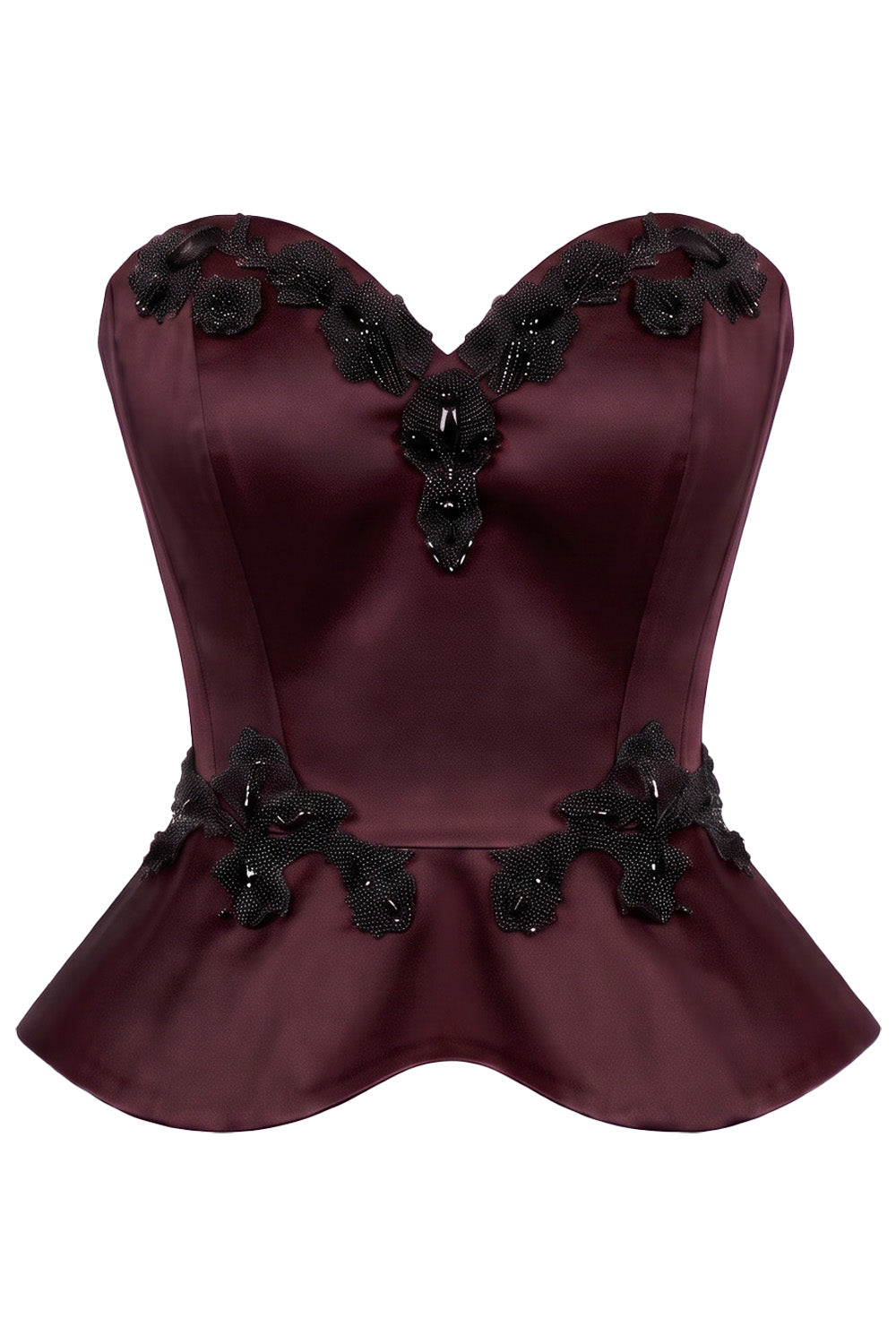 ODETTE Beaded Peplum Overbust Corset in Maroon by Luxe Noir – front view