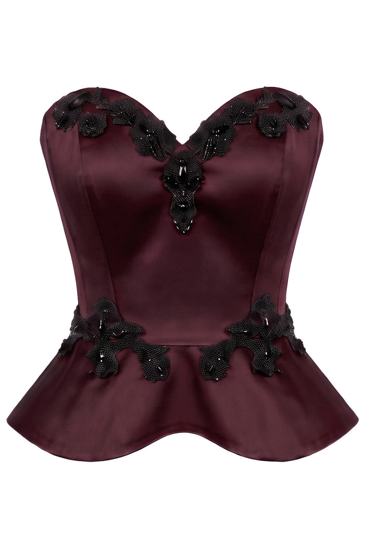 ODETTE Beaded Peplum Overbust Corset in Maroon by Luxe Noir – front view