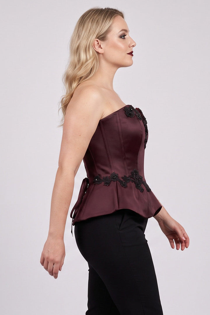 ODETTE Beaded Peplum Overbust Corset in Maroon on model – side view