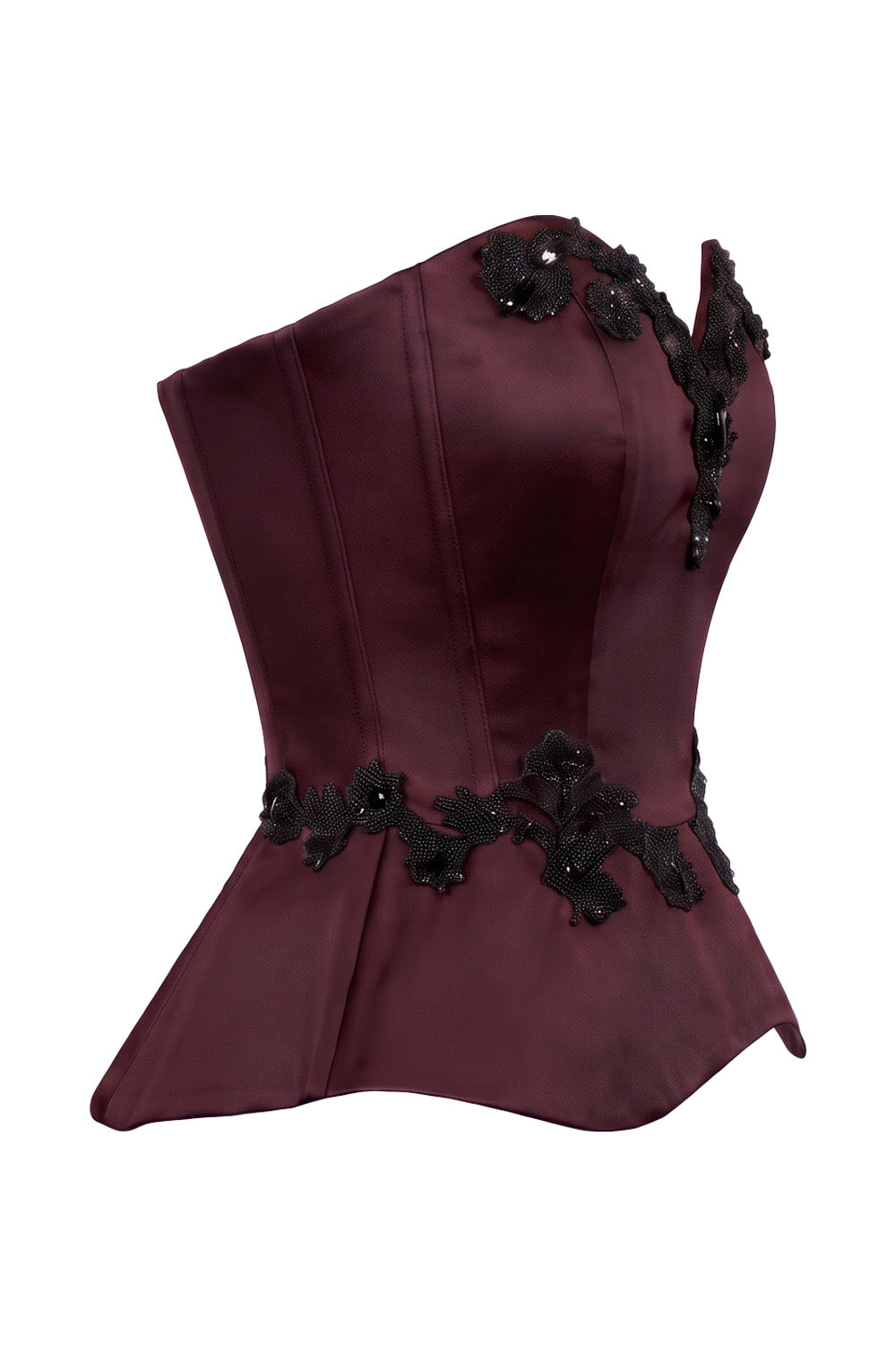 ODETTE Beaded Peplum Overbust Corset in Maroon by Luxe Noir – side view
