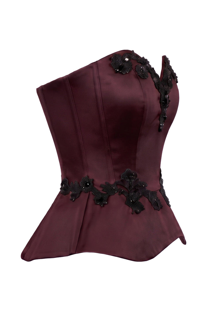 ODETTE Beaded Peplum Overbust Corset in Maroon by Luxe Noir – side view