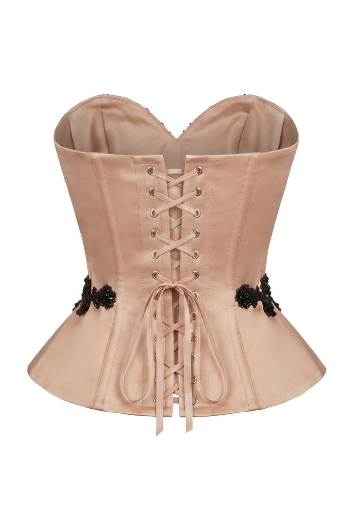ODETTE Beaded Peplum Overbust Corset in Nude by Luxe Noir – back view