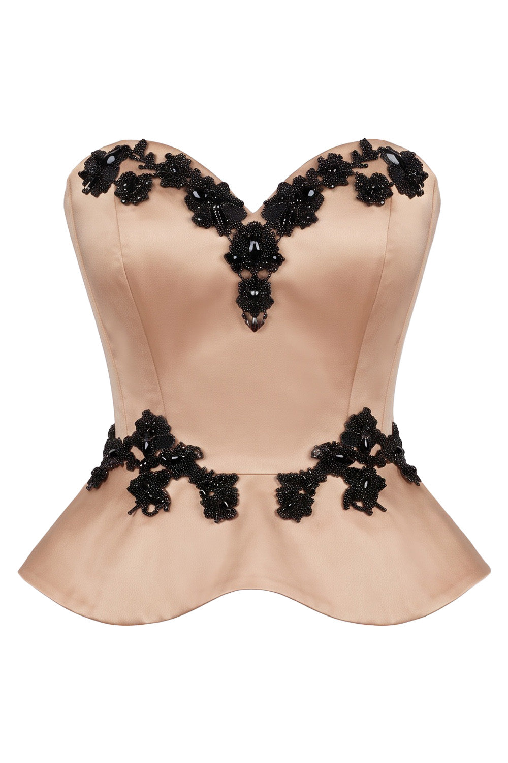 ODETTE Beaded Peplum Overbust Corset in Nude by Luxe Noir – front view