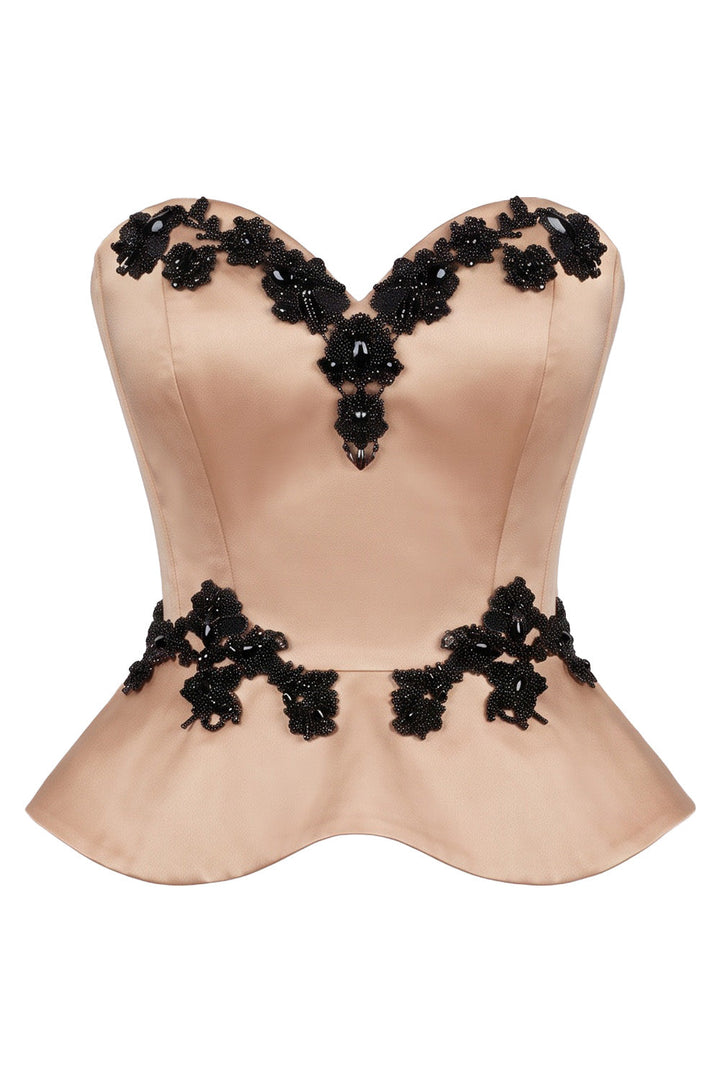 ODETTE Beaded Peplum Overbust Corset in Nude by Luxe Noir – front view