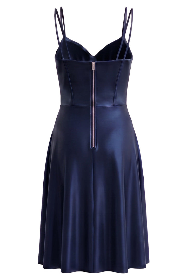 ROSALIND corset evening dress in midnight navy on model - back view