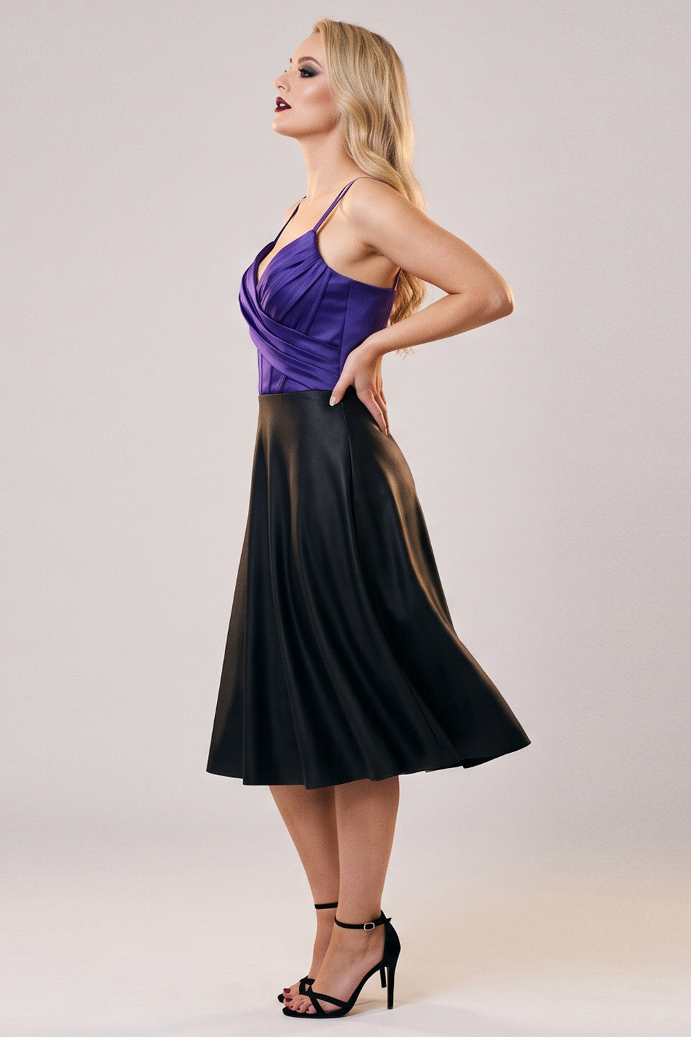 ROSALIND corset evening dress in royal purple by Luxe Noir - side view