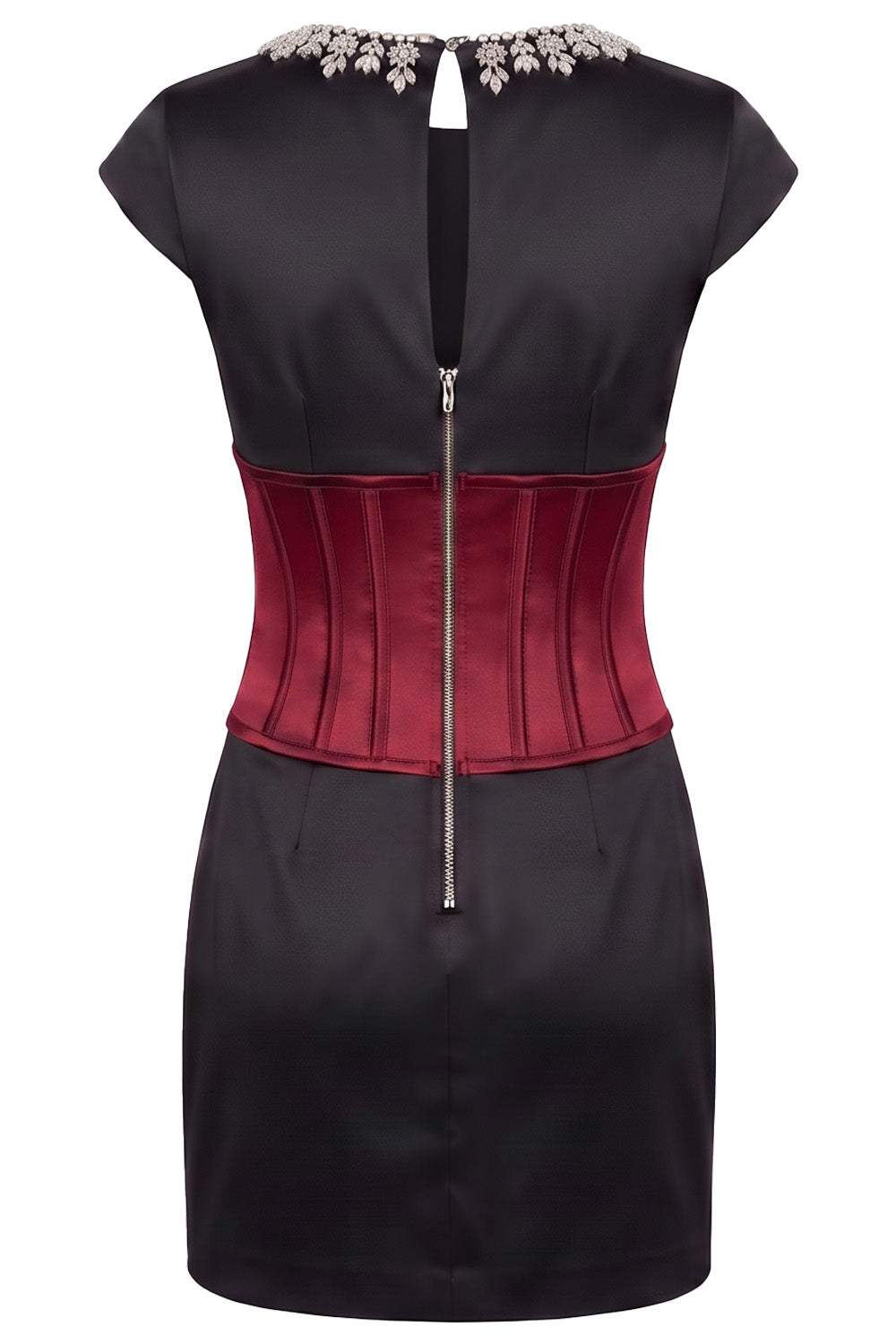 SERAPHINE crystal neckline evening mini dress in crimson and black on model - back view