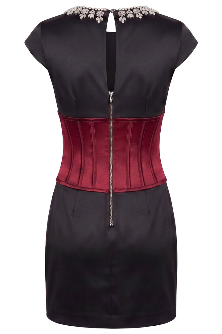 SERAPHINE crystal neckline evening mini dress in crimson and black on model - back view