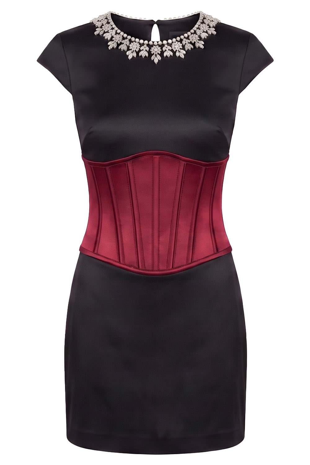 SERAPHINE crystal neckline evening mini dress in crimson and black on model - front view