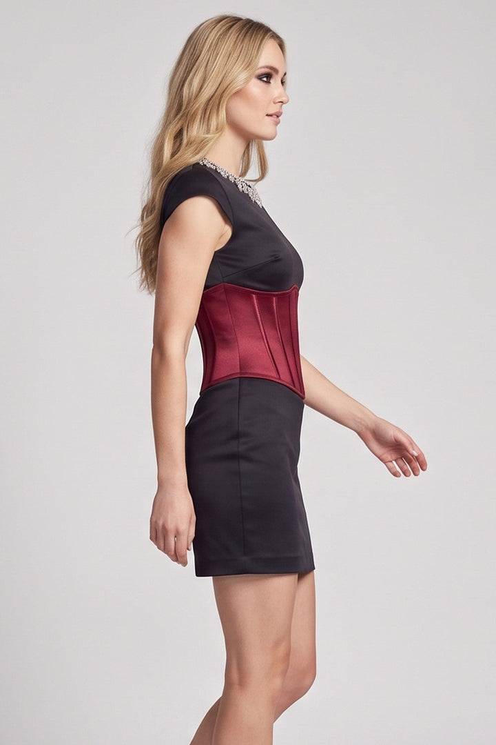 SERAPHINE crystal neckline evening mini dress in crimson and black by Luxe Noir - side view