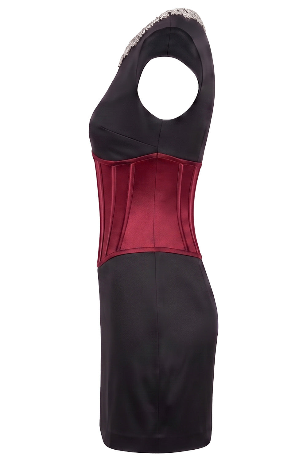 SERAPHINE crystal neckline evening mini dress in crimson and black on model - side view