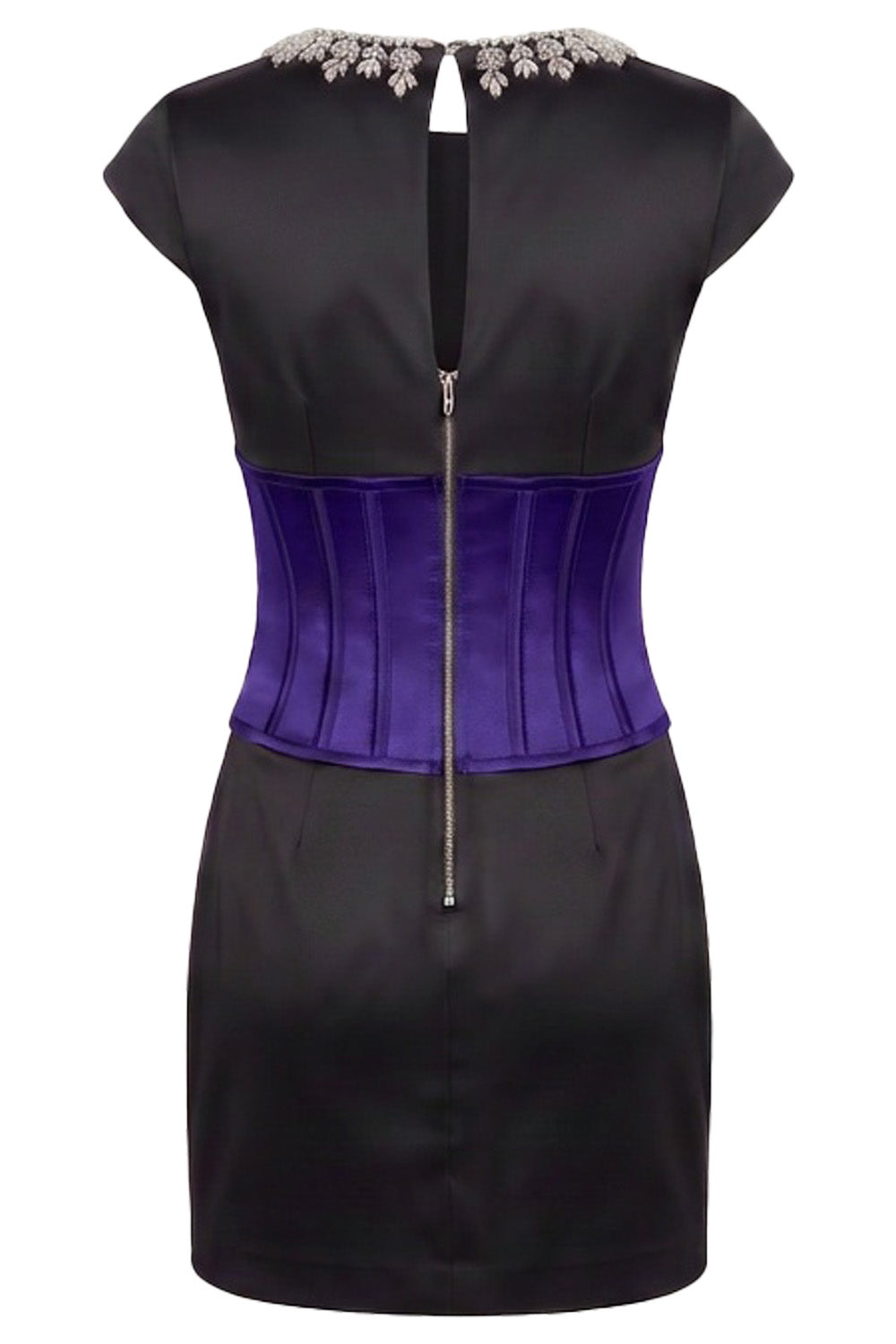 SERAPHINE crystal neckline evening mini dress in purple and black on model - back view
