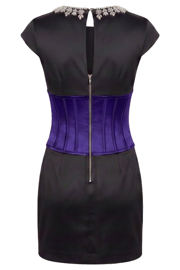 SERAPHINE crystal neckline evening mini dress in purple and black on model - back view