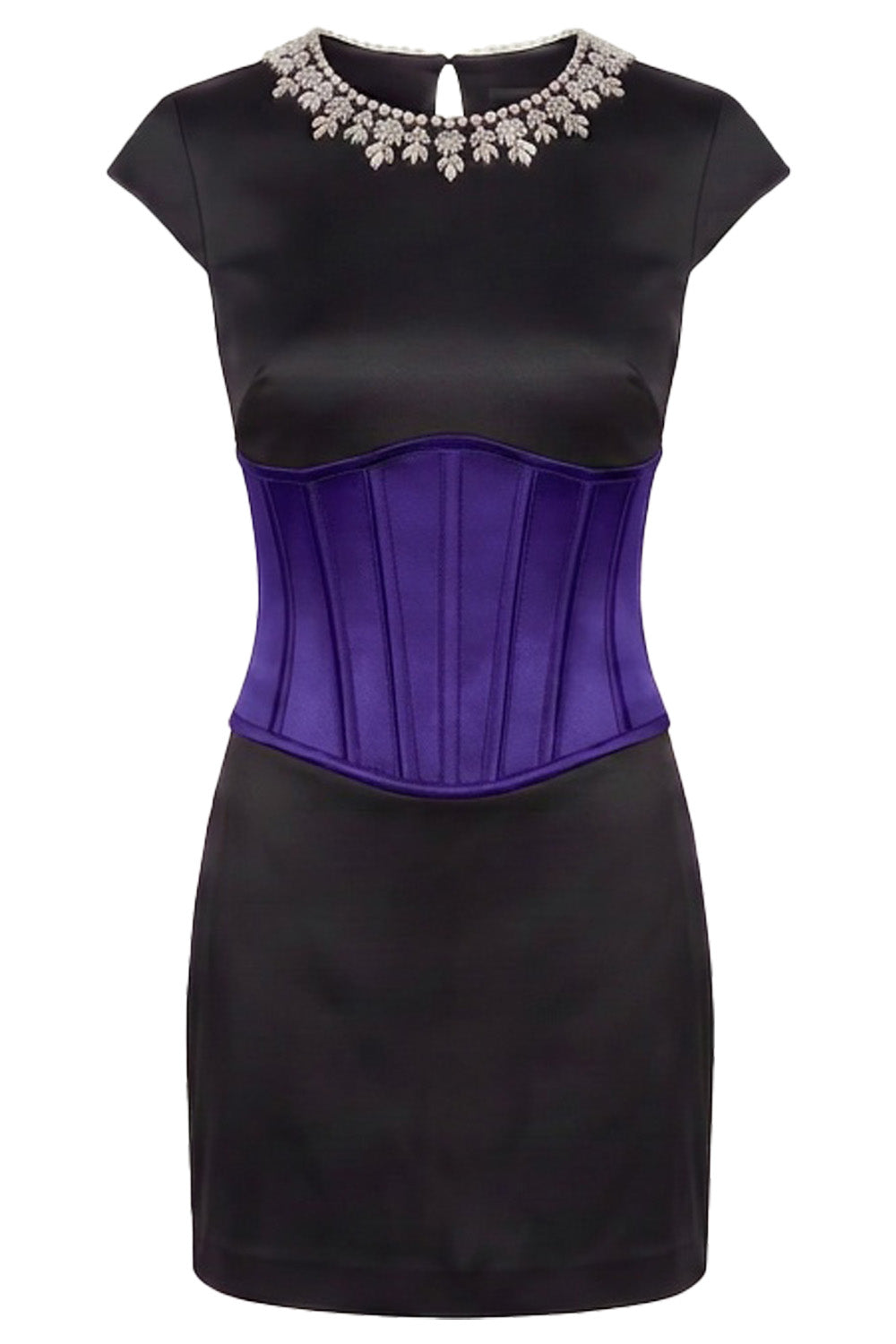 SERAPHINE crystal neckline evening mini dress in purple and black on model - front view