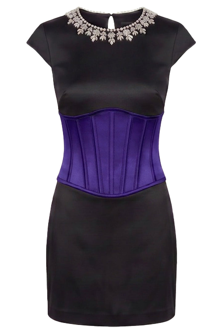 SERAPHINE crystal neckline evening mini dress in purple and black on model - front view