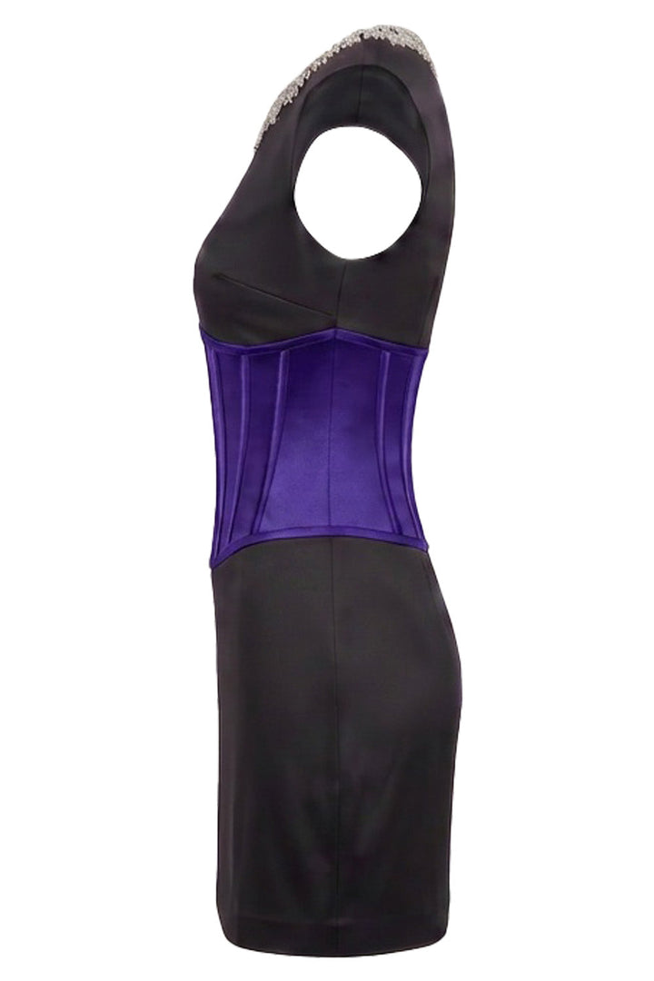 SERAPHINE crystal neckline evening mini dress in purple and black on model - side view