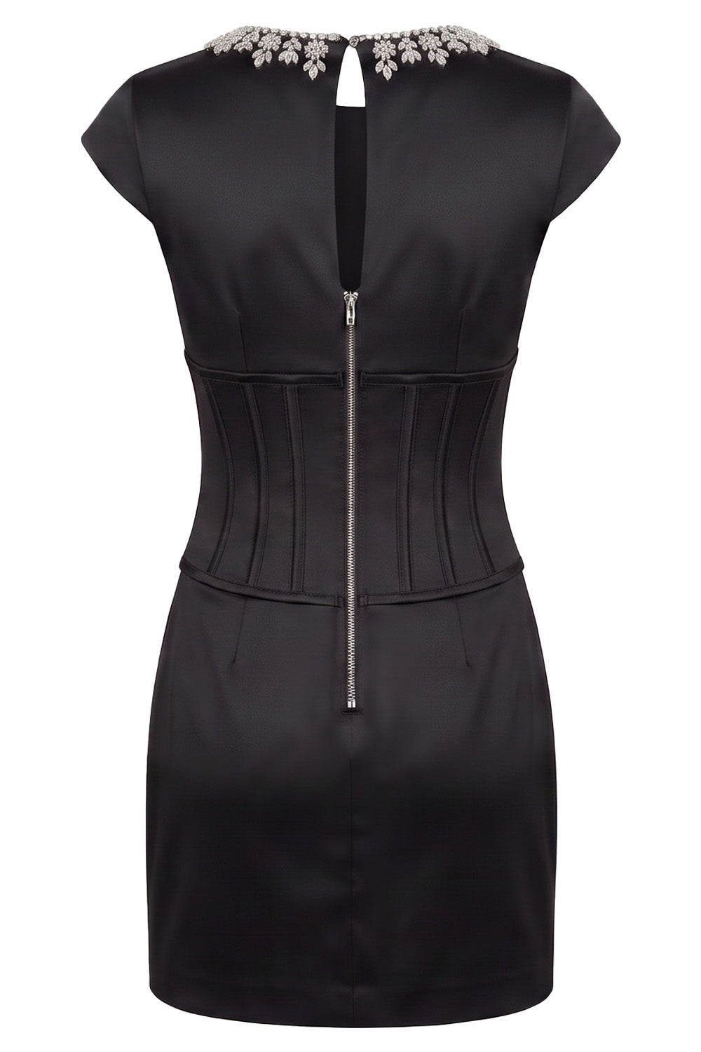 SERAPHINE crystal neckline evening mini dress in black on model - back view