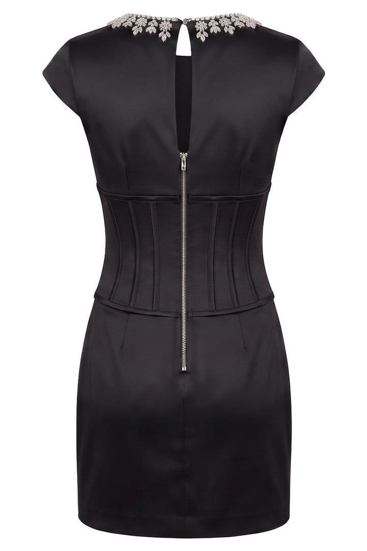 SERAPHINE crystal neckline evening mini dress in black on model - back view