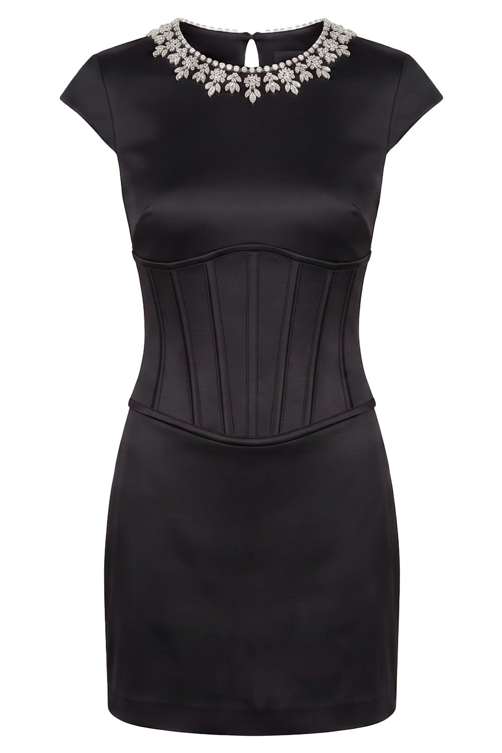 SERAPHINE crystal neckline evening mini dress in black on model - front view