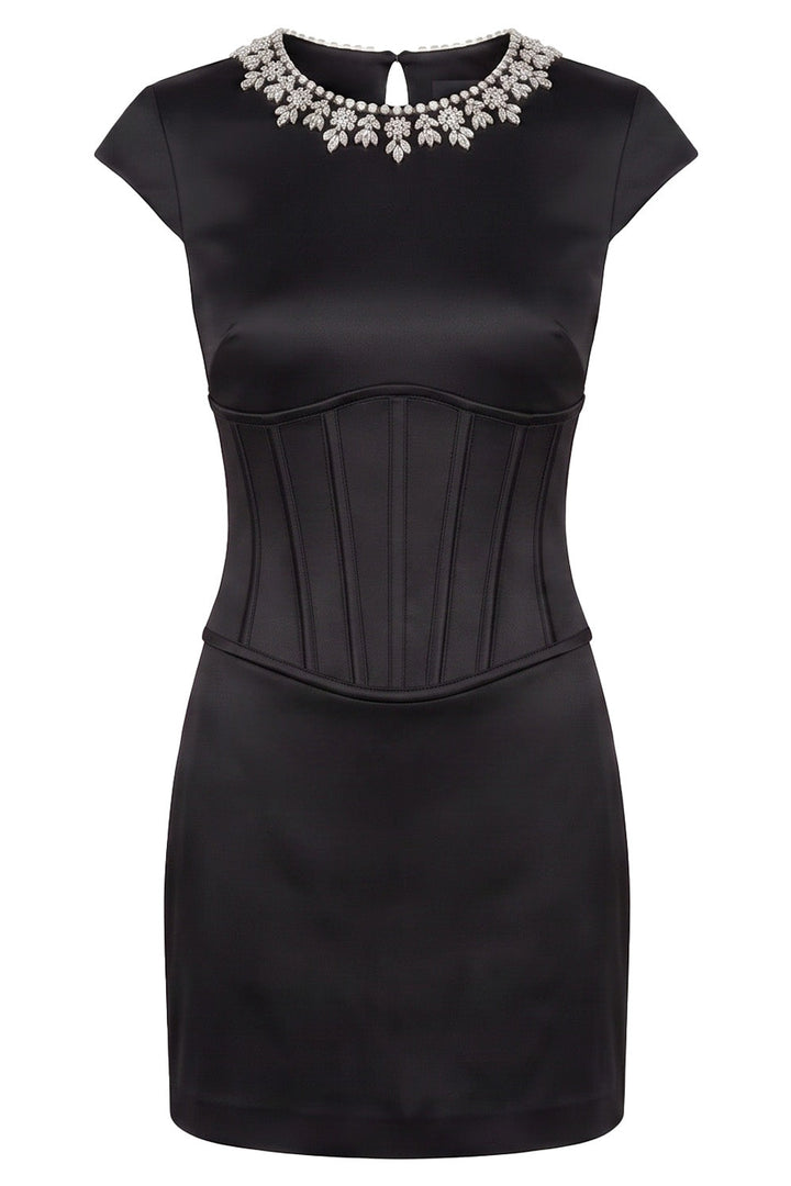 SERAPHINE crystal neckline evening mini dress in black on model - front view