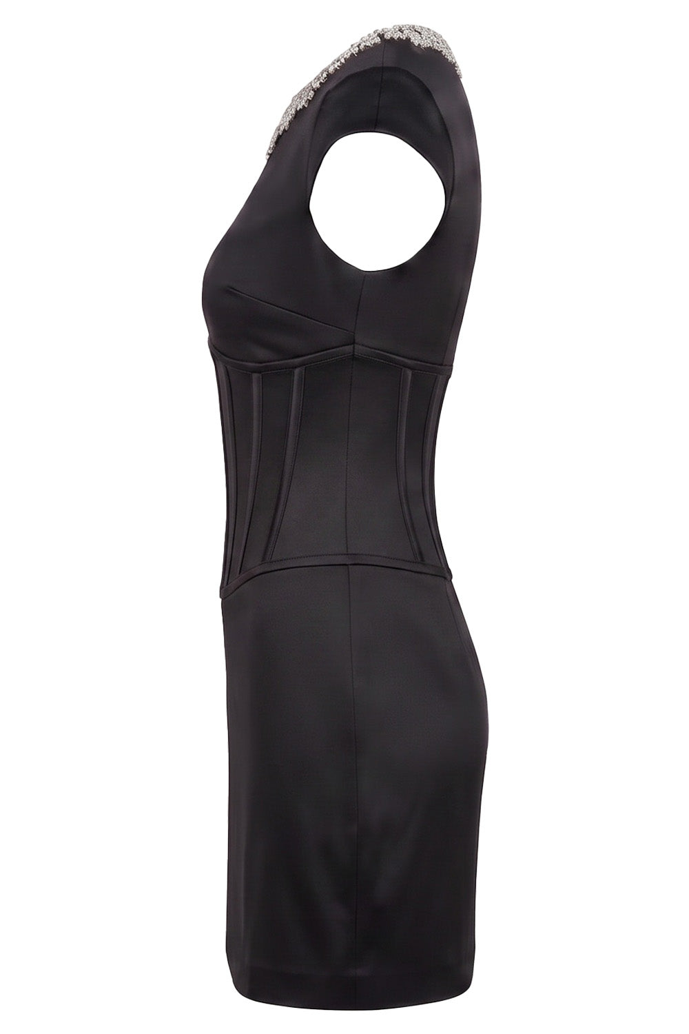SERAPHINE crystal neckline evening mini dress in black on model - side view