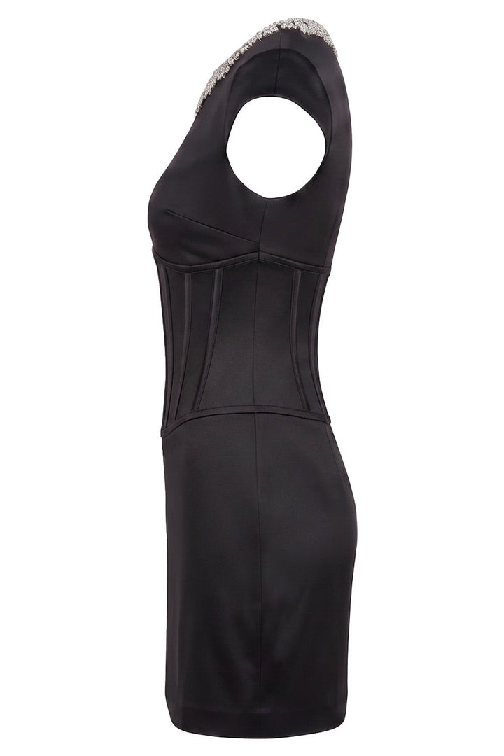 SERAPHINE crystal neckline evening mini dress in black on model - side view