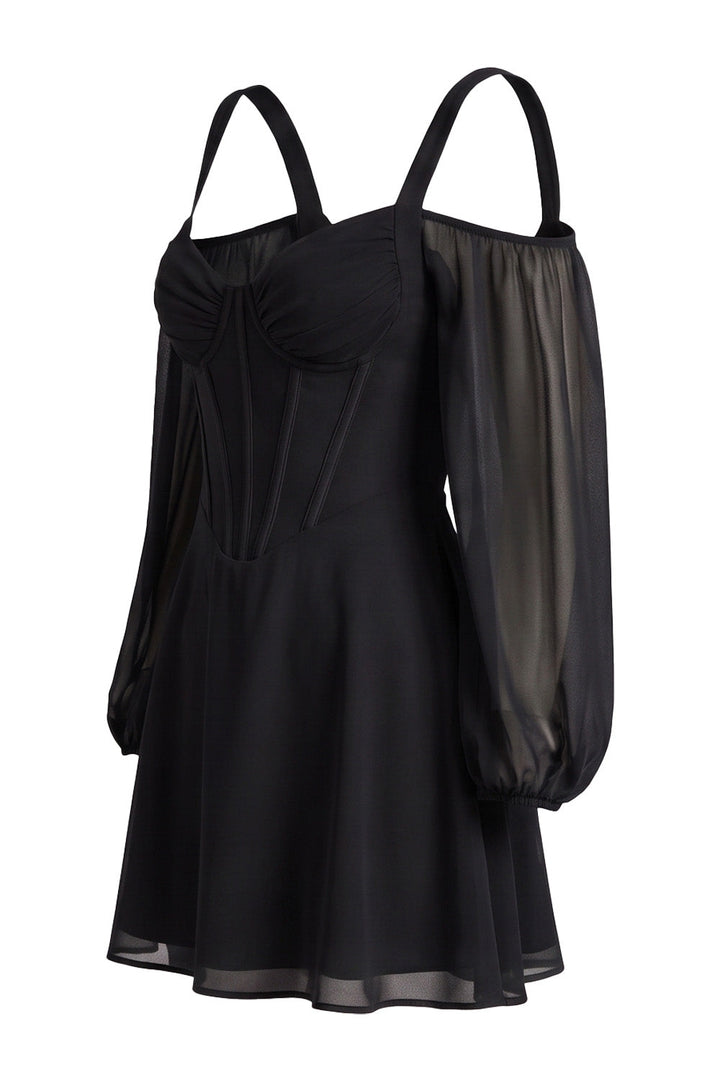 SYLVIE Georgette Cold Shoulder Corset Mini Dress - Black