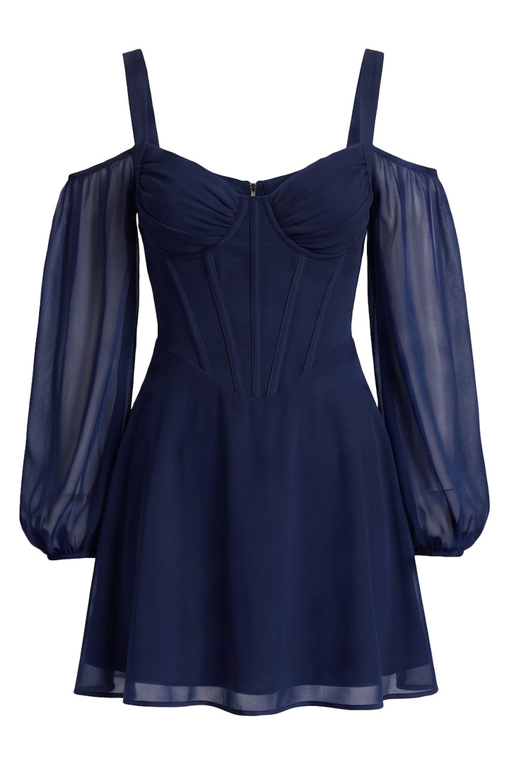 SYLVIE Georgette Cold Shoulder Corset Mini Dress - Navy Blue