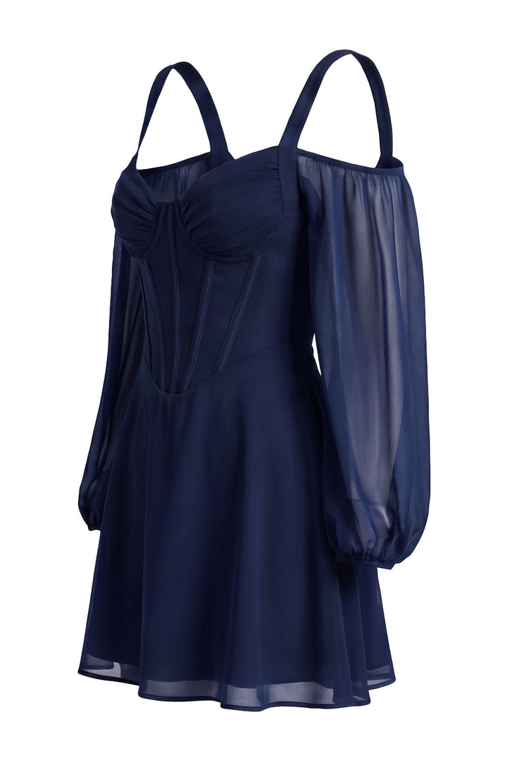 SYLVIE Georgette Cold Shoulder Corset Mini Dress - Navy Blue