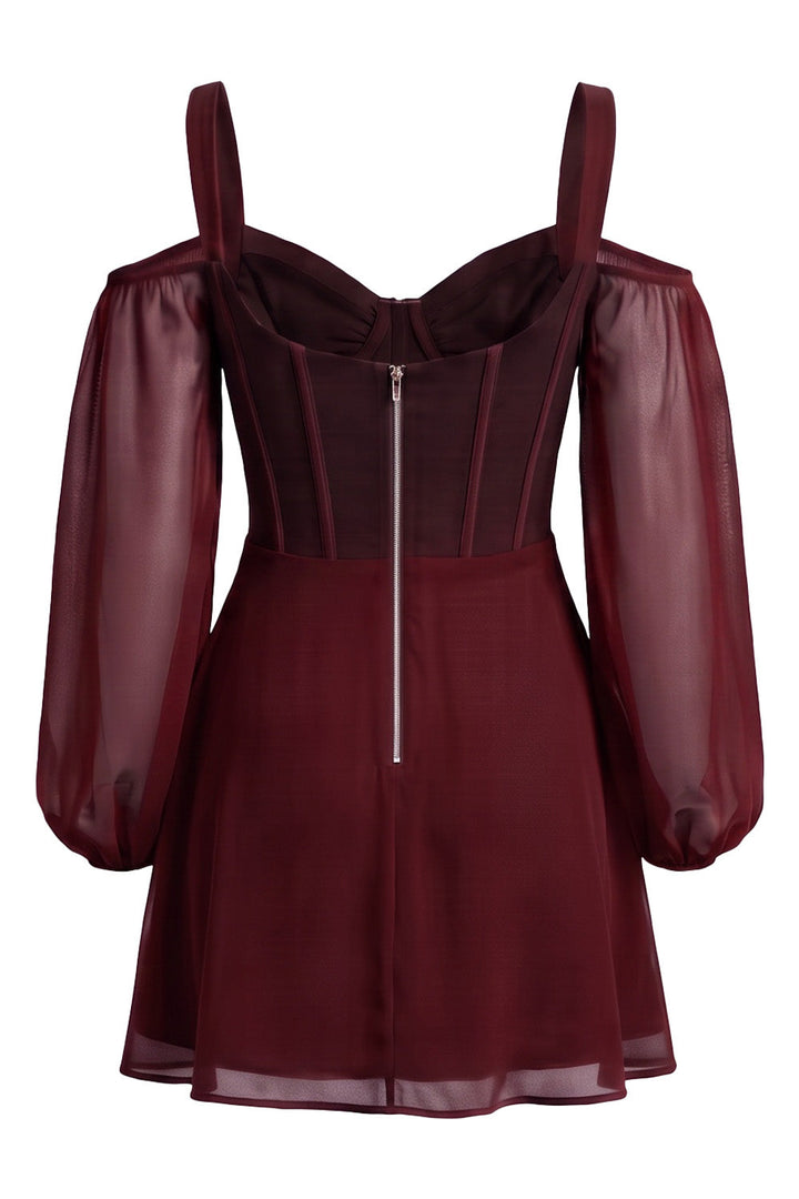 SYLVIE Georgette Cold Shoulder Corset Mini Dress - Oxblood