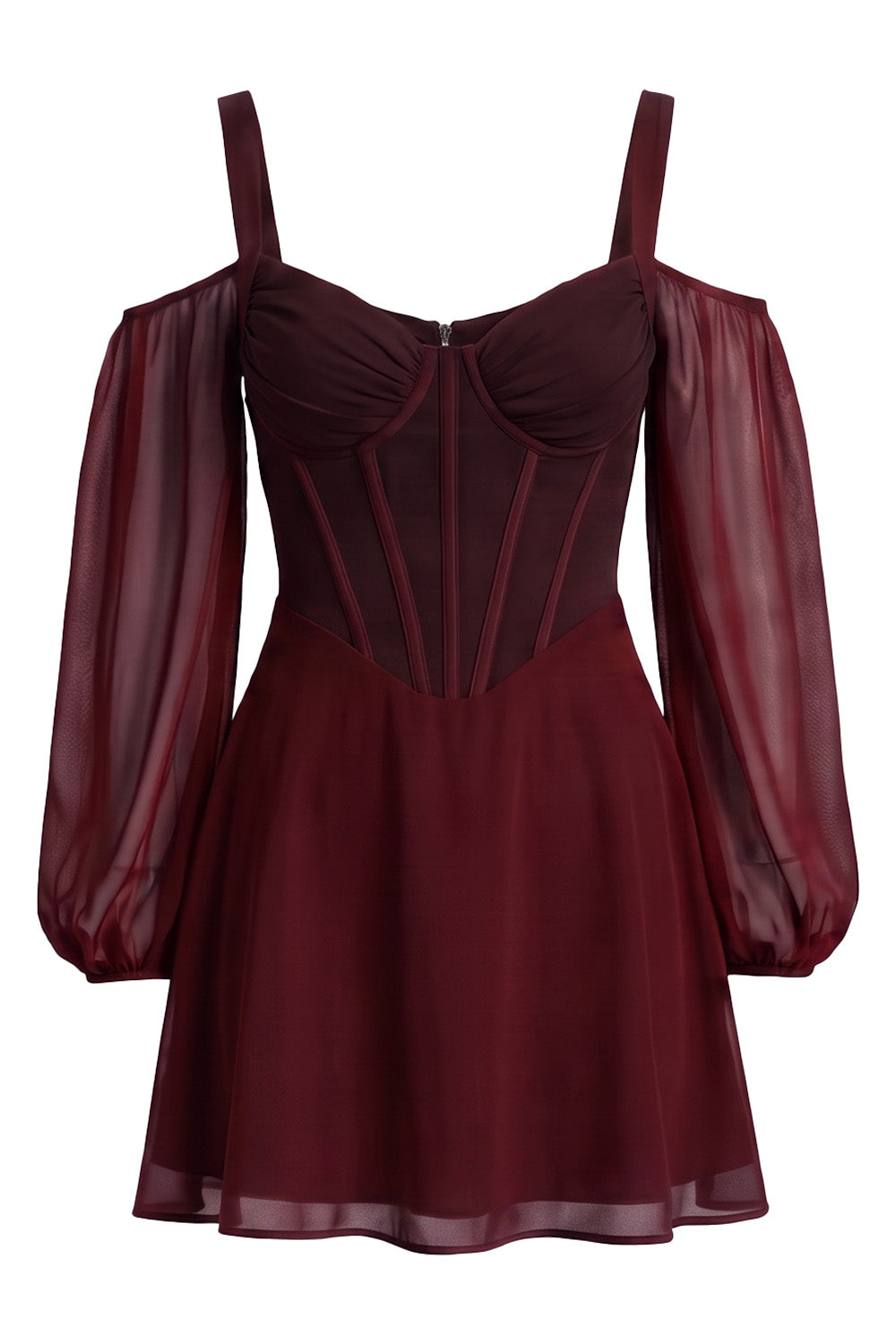 SYLVIE Georgette Cold Shoulder Corset Mini Dress - Oxblood