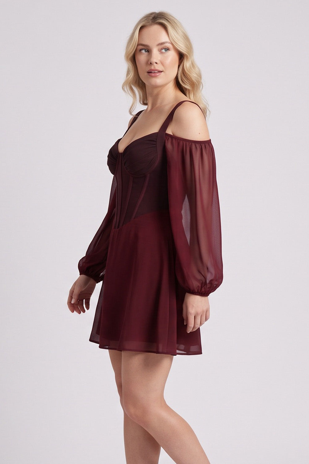 SYLVIE Georgette Cold Shoulder Corset Mini Dress - Oxblood