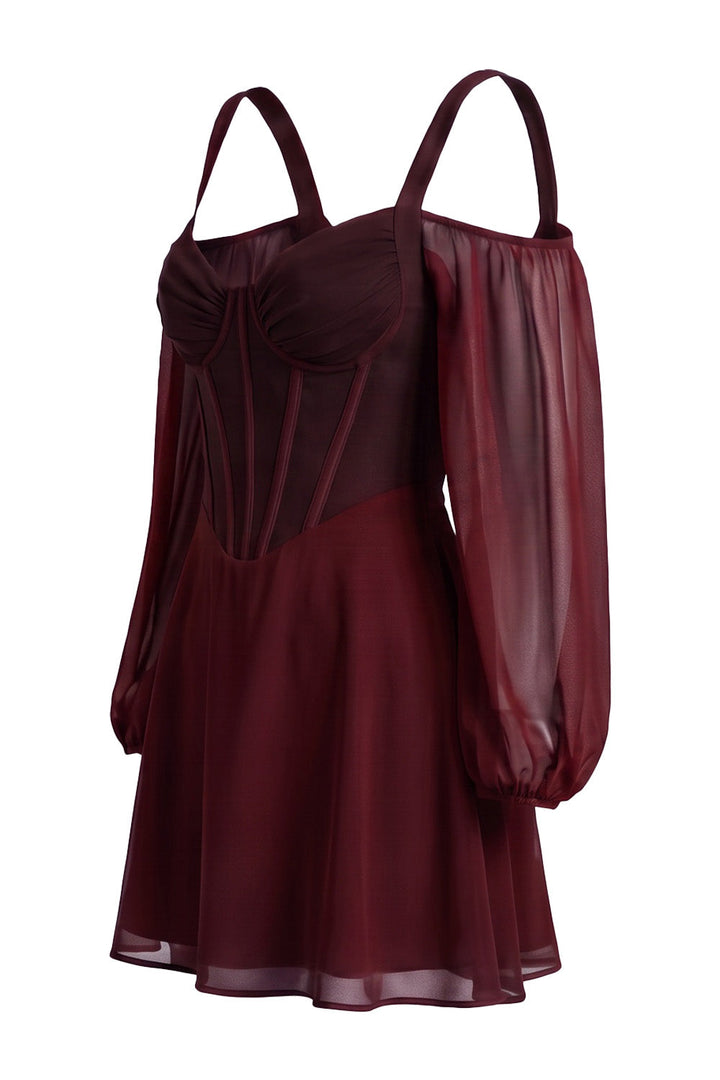 SYLVIE Georgette Cold Shoulder Corset Mini Dress - Oxblood